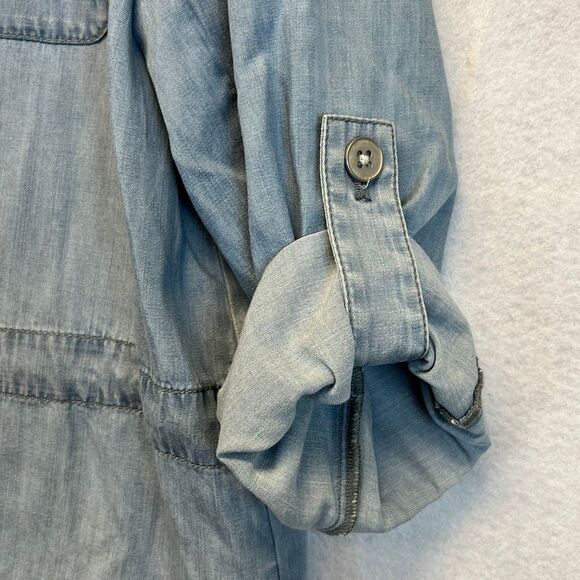 CHICO'S Shirt Womens Size 2 Blue Chambray Roll Tab Sleeve Button Down Drawstring - Picture 6 of 14